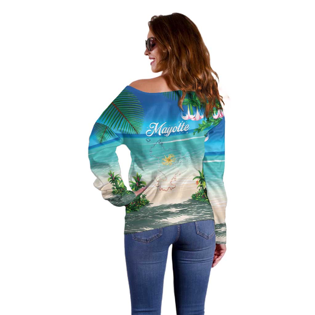 Mayotte Christmas Off Shoulder Sweater Santa Chill on Tropical Beach - Wonder Print Shop