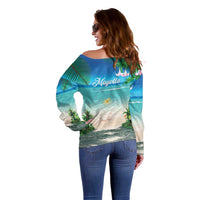 Mayotte Christmas Off Shoulder Sweater Santa Chill on Tropical Beach - Wonder Print Shop