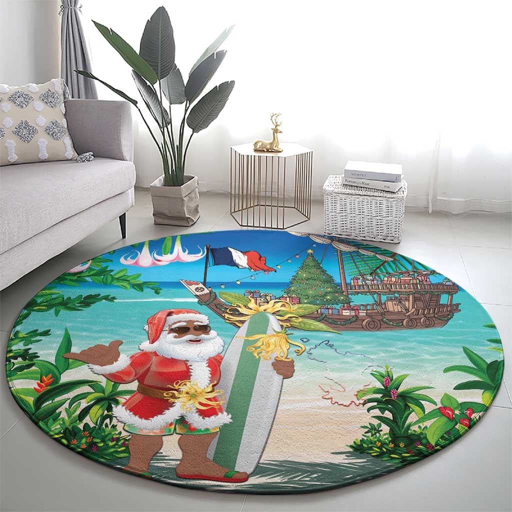 Mayotte Christmas Round Carpet Santa Chill on Tropical Beach - Wonder Print Shop