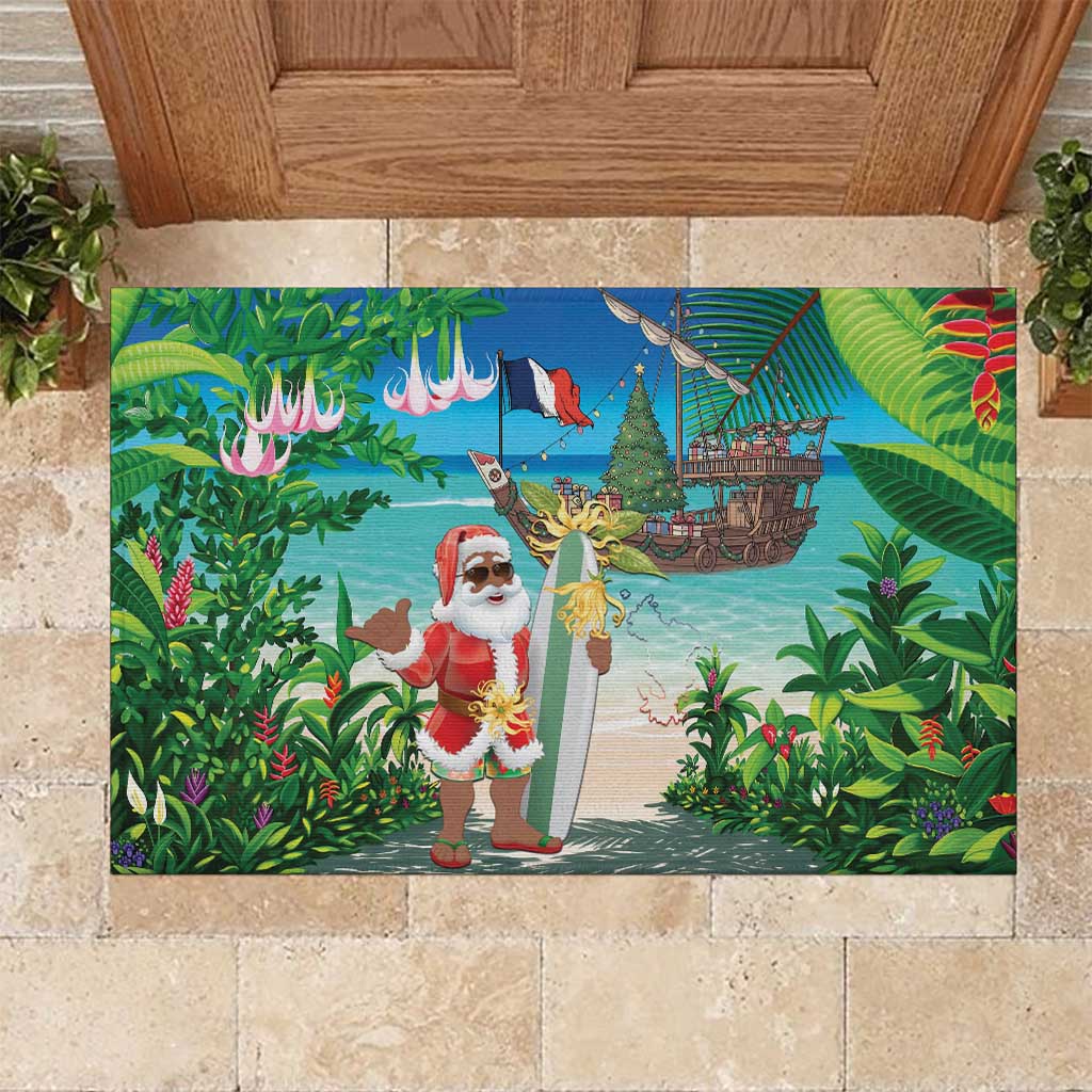 Mayotte Christmas Rubber Doormat Santa Chill on Tropical Beach - Wonder Print Shop