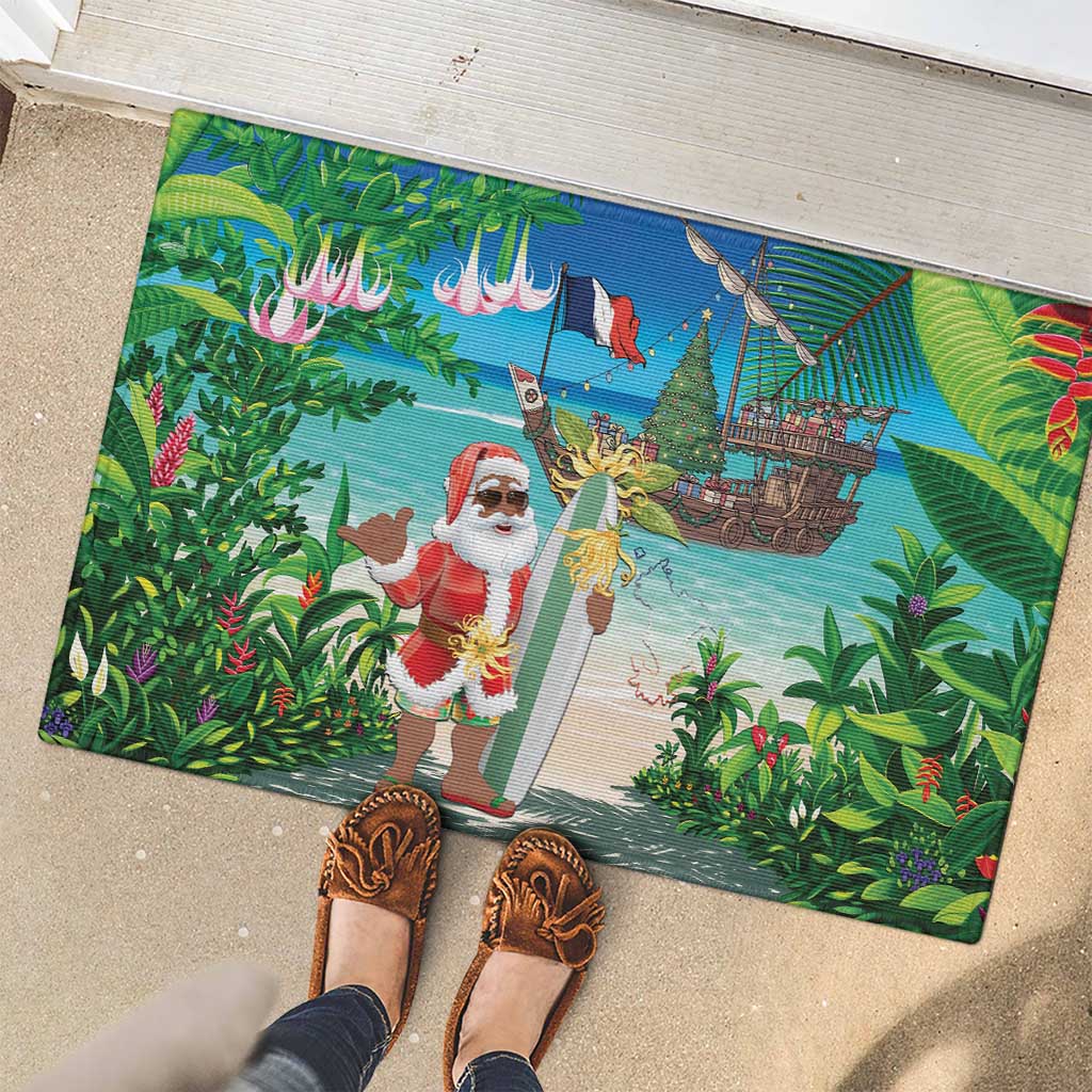 Mayotte Christmas Rubber Doormat Santa Chill on Tropical Beach - Wonder Print Shop