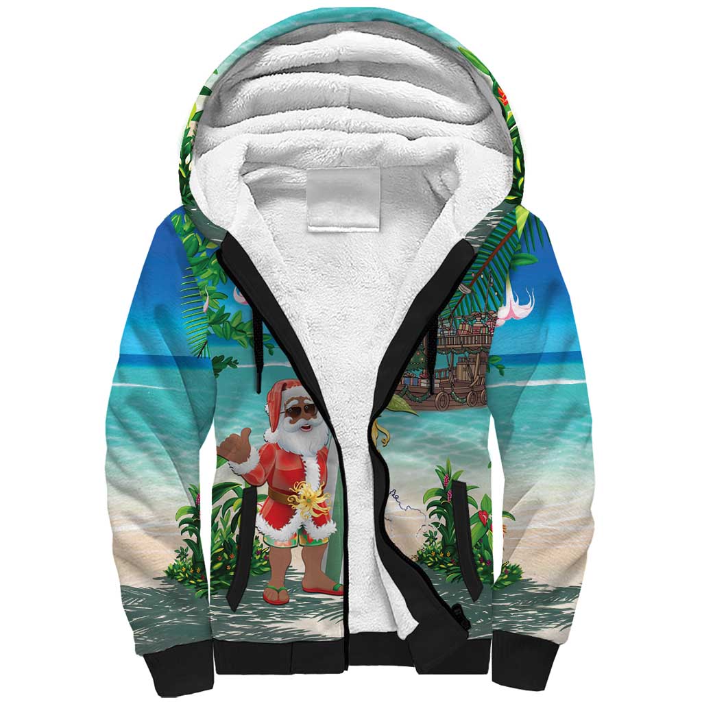 Mayotte Christmas Sherpa Hoodie Santa Chill on Tropical Beach - Wonder Print Shop