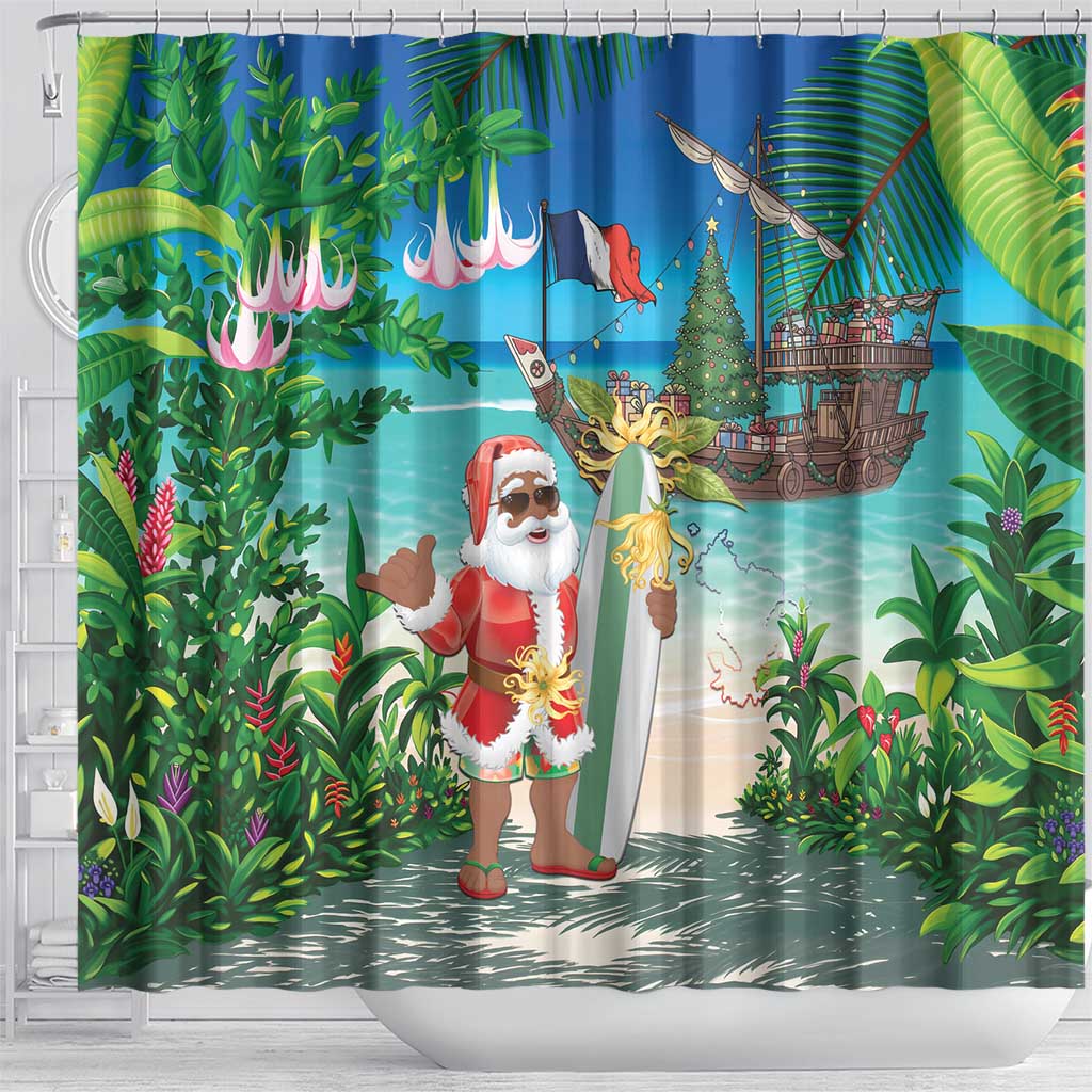 Mayotte Christmas Shower Curtain Santa Chill on Tropical Beach - Wonder Print Shop