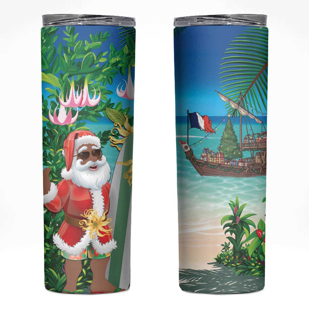 Mayotte Christmas Skinny Tumbler Santa Chill on Tropical Beach - Wonder Print Shop