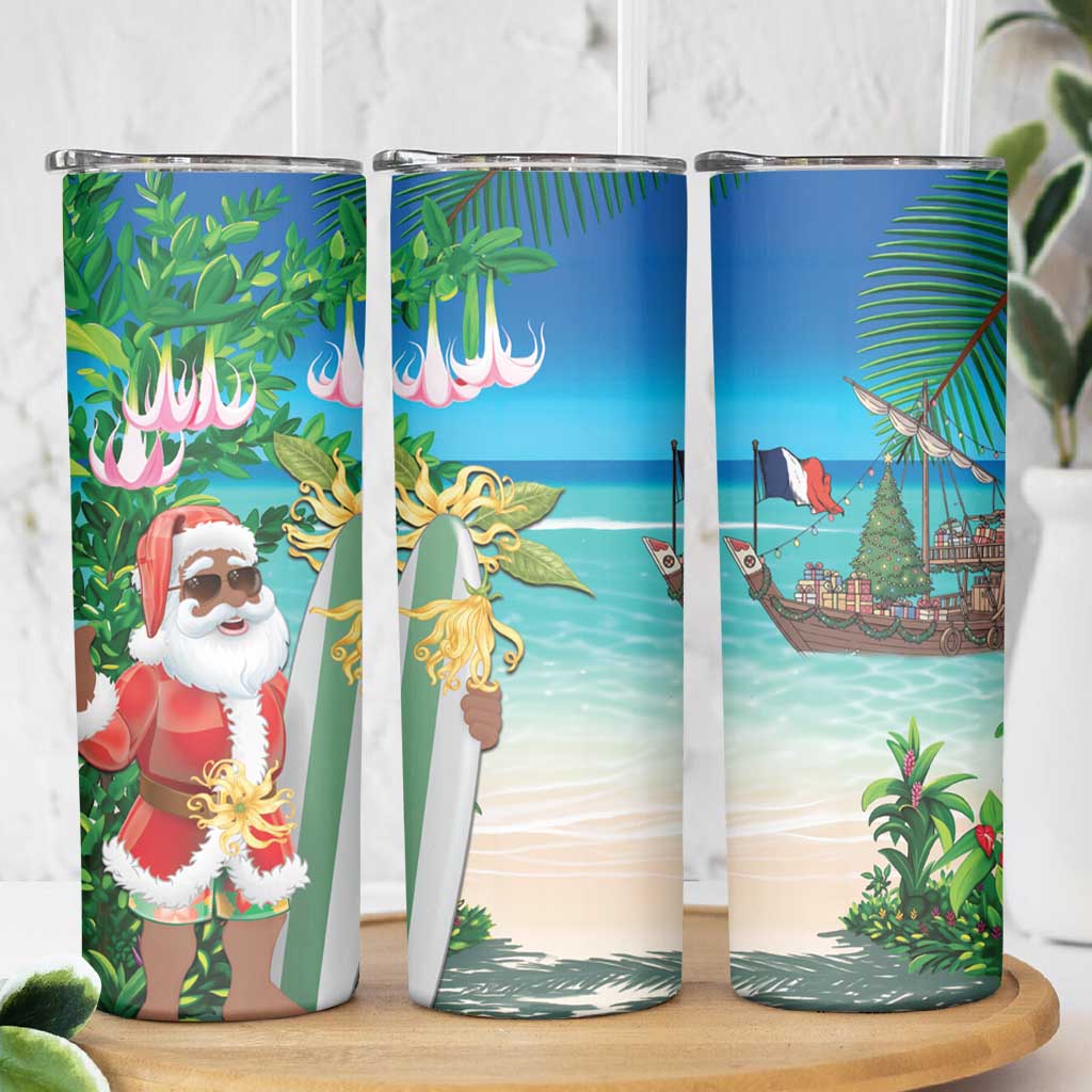 Mayotte Christmas Skinny Tumbler Santa Chill on Tropical Beach - Wonder Print Shop