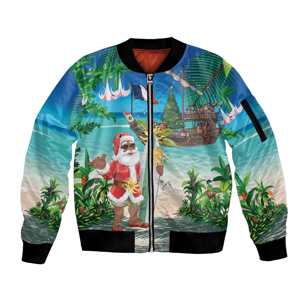 Mayotte Christmas Sleeve Zip Bomber Jacket Santa Chill on Tropical Beach - Wonder Print Shop