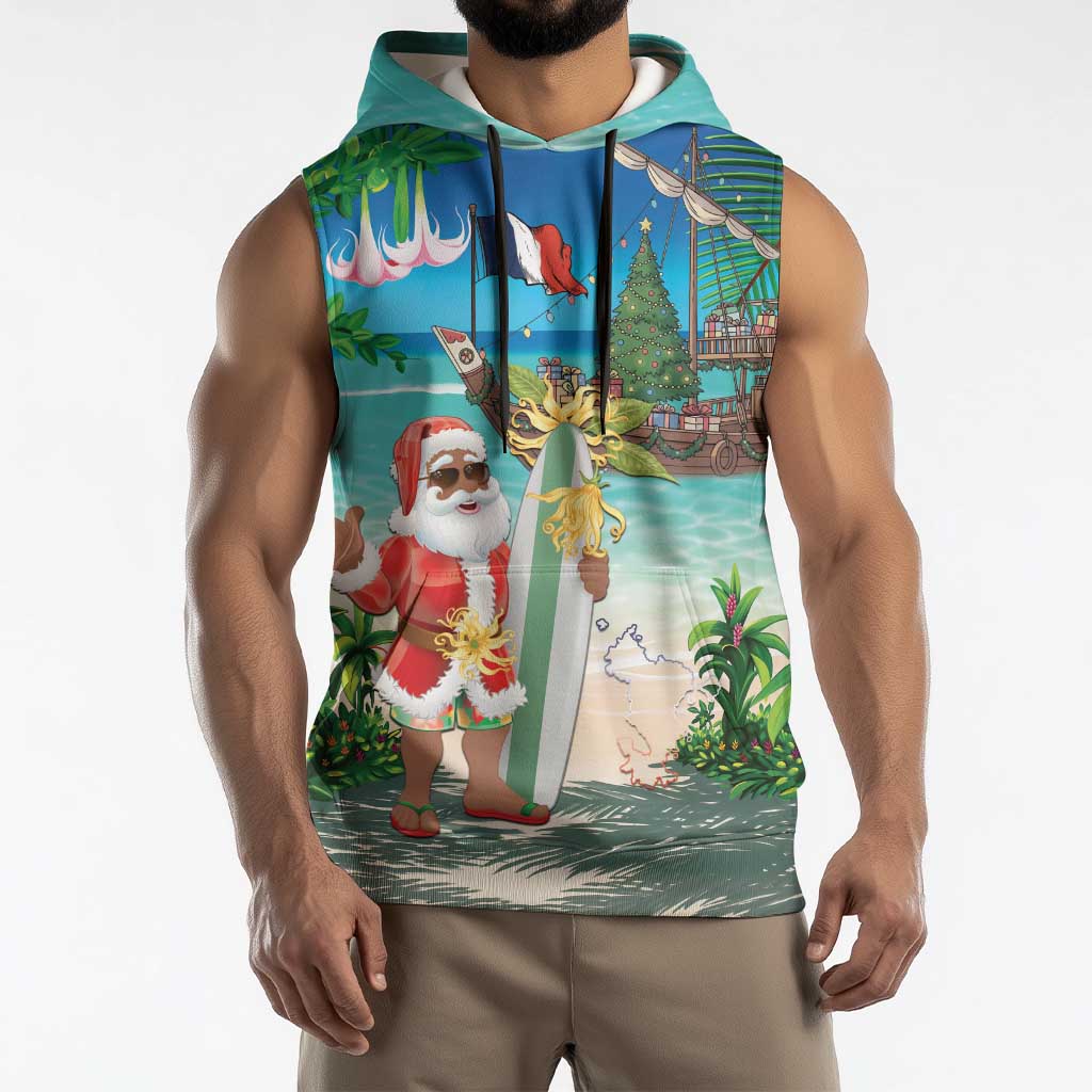 Mayotte Christmas Sleeveless Hoodie Santa Chill on Tropical Beach - Wonder Print Shop