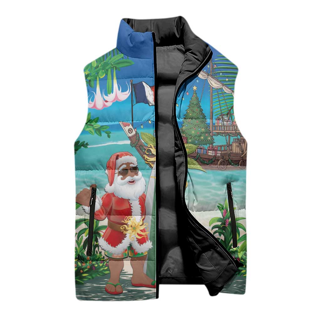 Mayotte Christmas Sleeveless Puffer Jacket Santa Chill on Tropical Beach - Wonder Print Shop