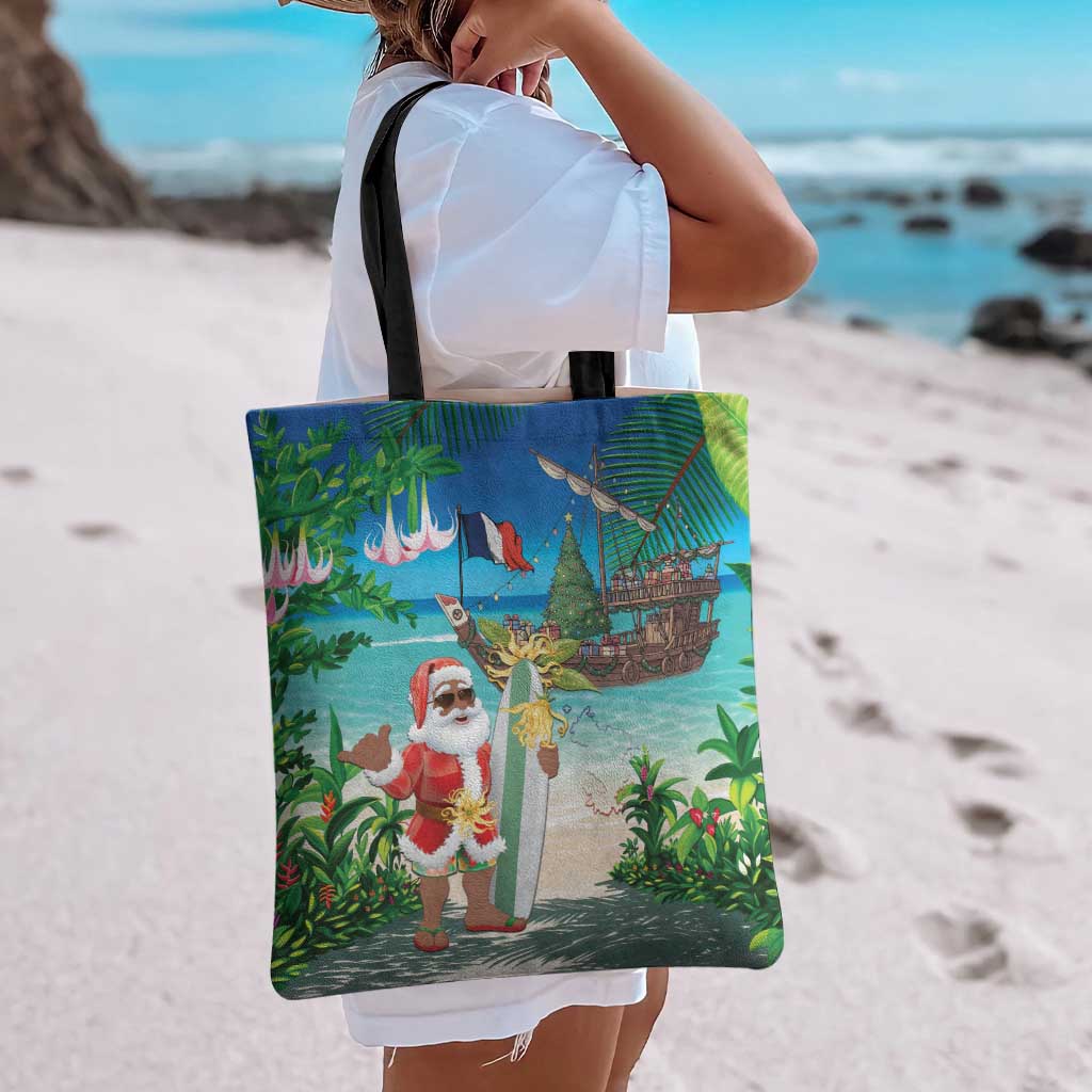 Mayotte Christmas Tote Bag Santa Chill on Tropical Beach - Wonder Print Shop