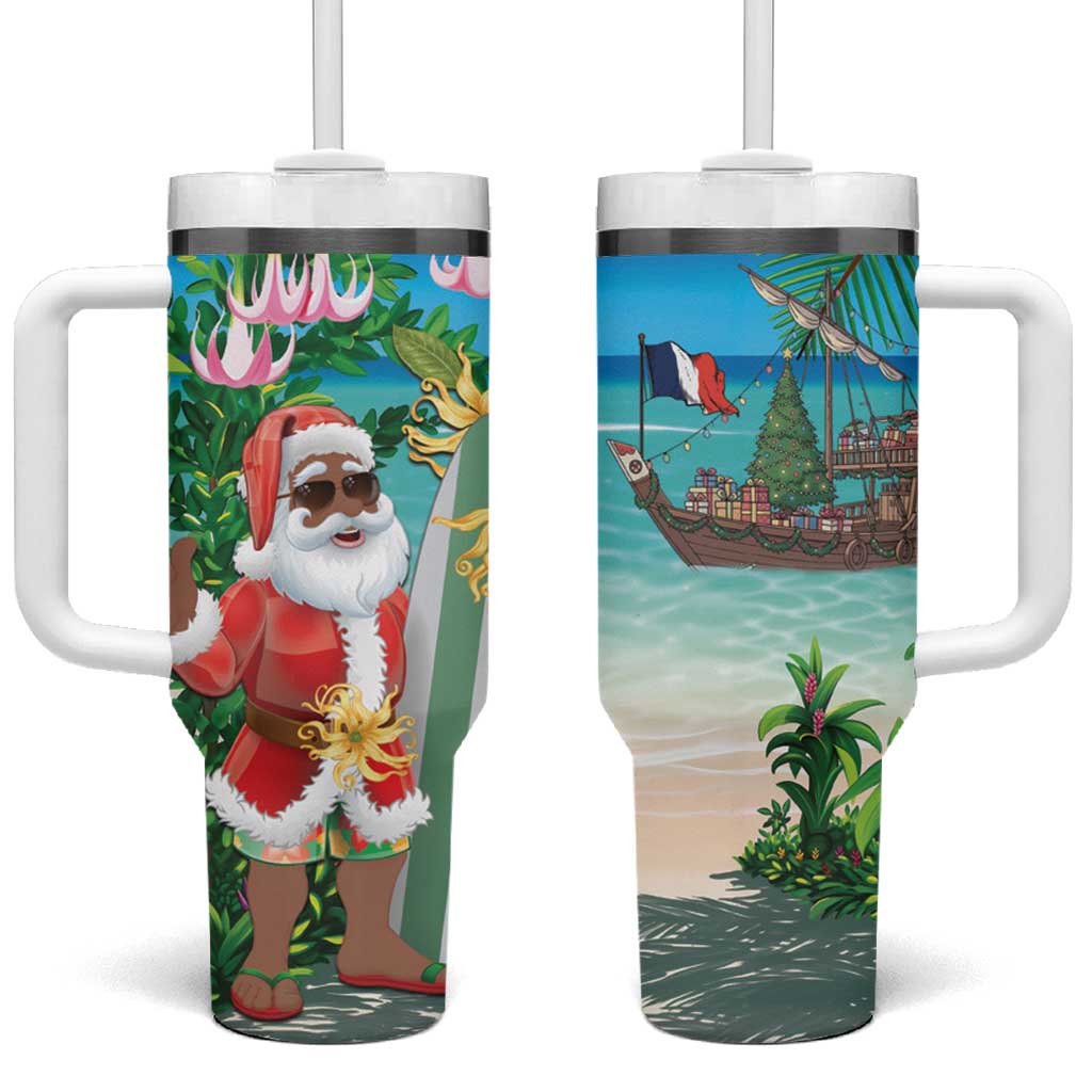 Mayotte Christmas Tumbler With Handle Santa Chill on Tropical Beach - Wonder Print Shop