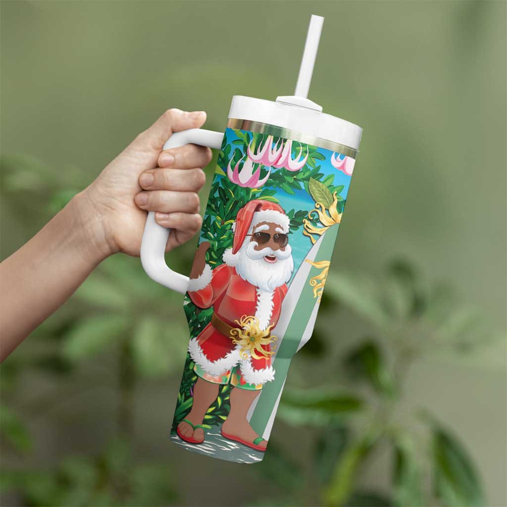 Mayotte Christmas Tumbler With Handle Santa Chill on Tropical Beach - Wonder Print Shop