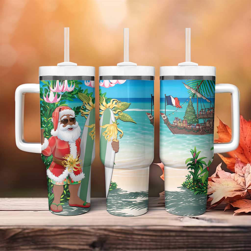 Mayotte Christmas Tumbler With Handle Santa Chill on Tropical Beach - Wonder Print Shop