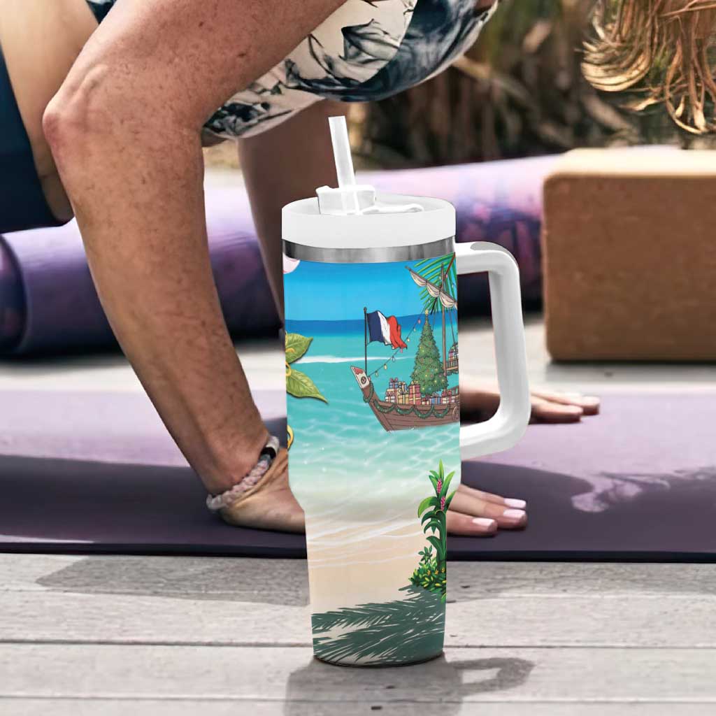 Mayotte Christmas Tumbler With Handle Santa Chill on Tropical Beach - Wonder Print Shop