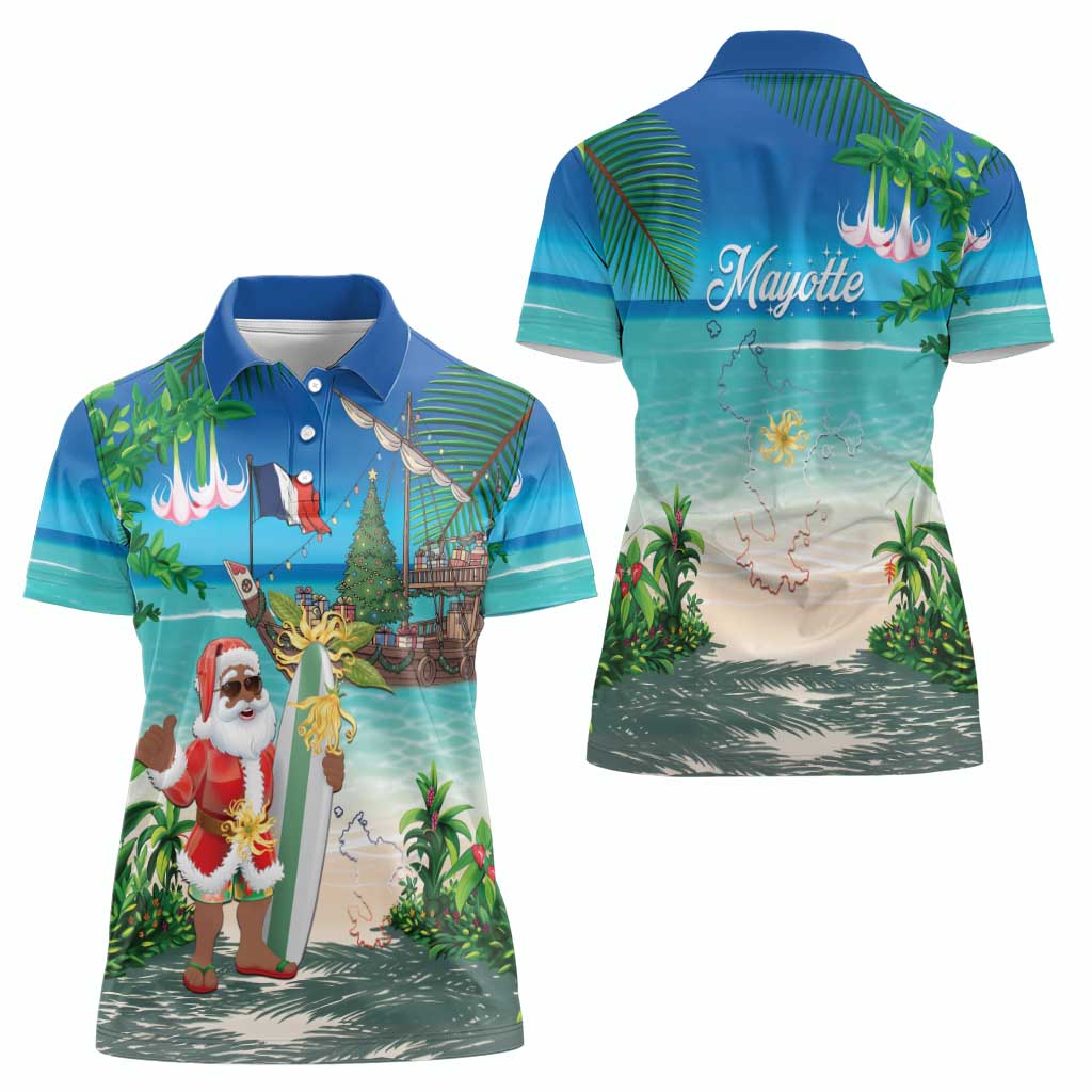 Mayotte Christmas Women Polo Shirt Santa Chill on Tropical Beach - Wonder Print Shop