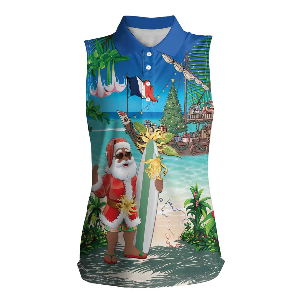 Mayotte Christmas Women Sleeveless Polo Shirt Santa Chill on Tropical Beach - Wonder Print Shop