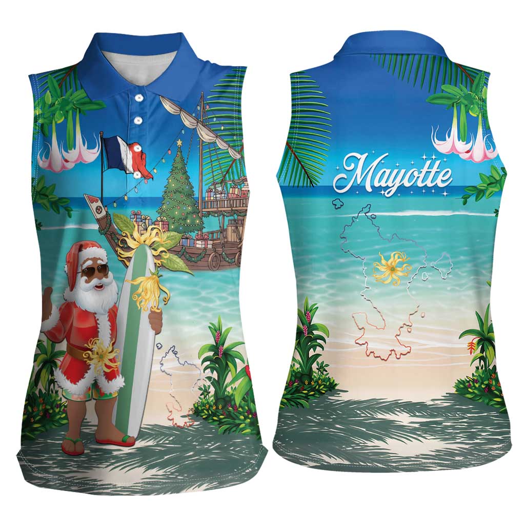 Mayotte Christmas Women Sleeveless Polo Shirt Santa Chill on Tropical Beach - Wonder Print Shop