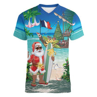 Mayotte Christmas Women V-Neck T-Shirt Santa Chill on Tropical Beach - Wonder Print Shop