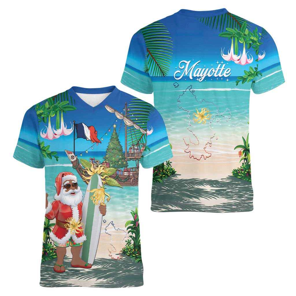 Mayotte Christmas Women V-Neck T-Shirt Santa Chill on Tropical Beach - Wonder Print Shop