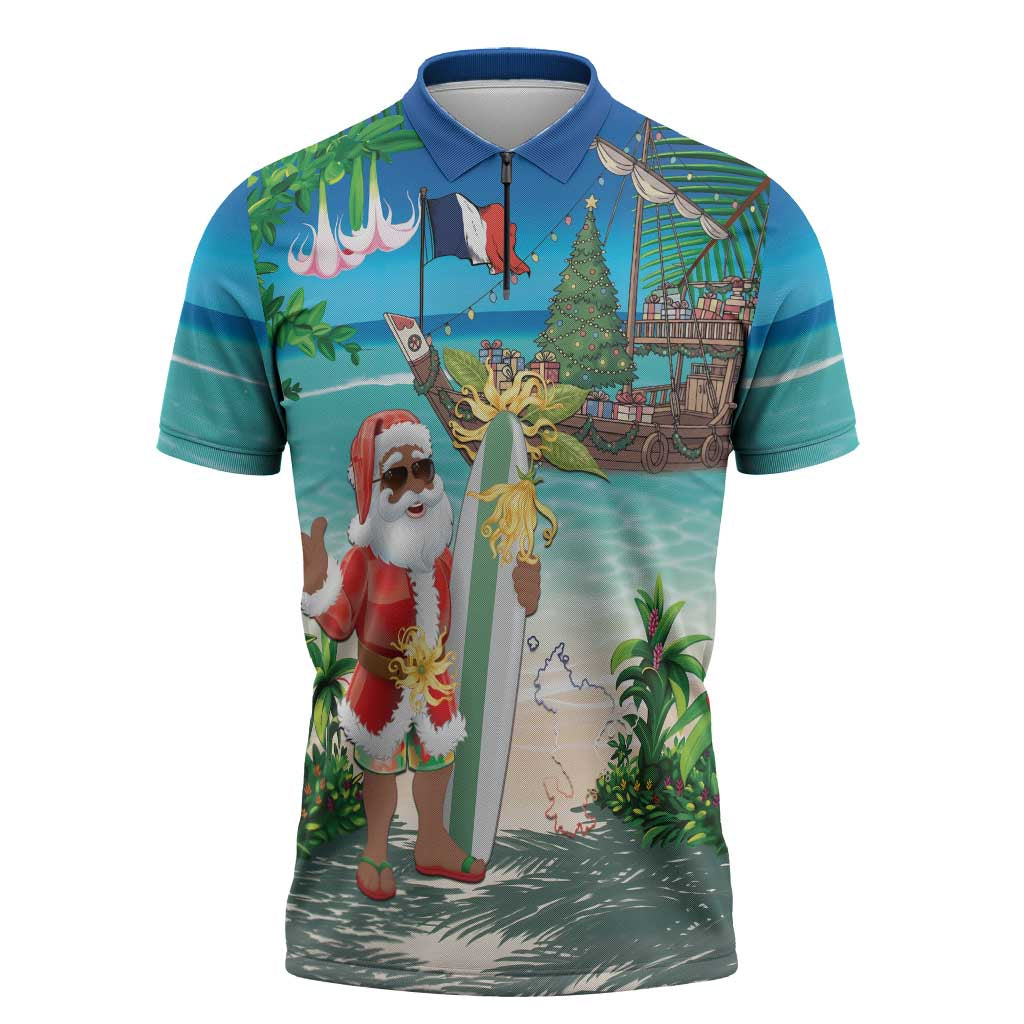 Mayotte Christmas Zipper Polo Shirt Santa Chill on Tropical Beach - Wonder Print Shop