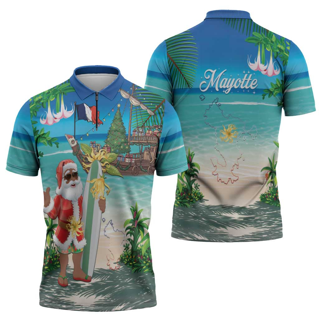 Mayotte Christmas Zipper Polo Shirt Santa Chill on Tropical Beach - Wonder Print Shop