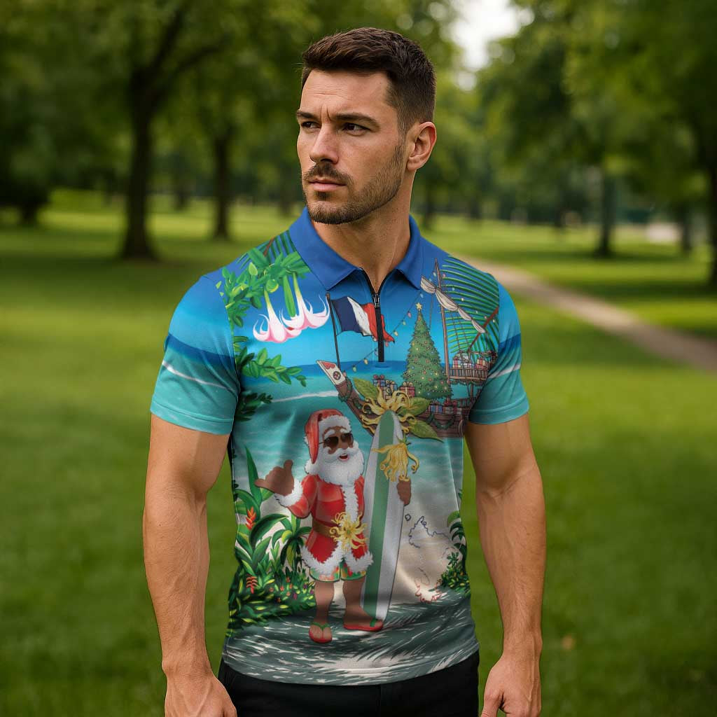 Mayotte Christmas Zipper Polo Shirt Santa Chill on Tropical Beach - Wonder Print Shop