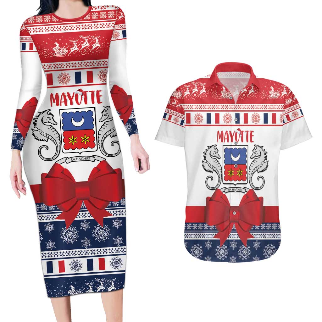 Personalized Mayotte Christmas Couples Matching Long Sleeve Bodycon Dress and Hawaiian Shirt Joyeux Noel - Wonder Print Shop