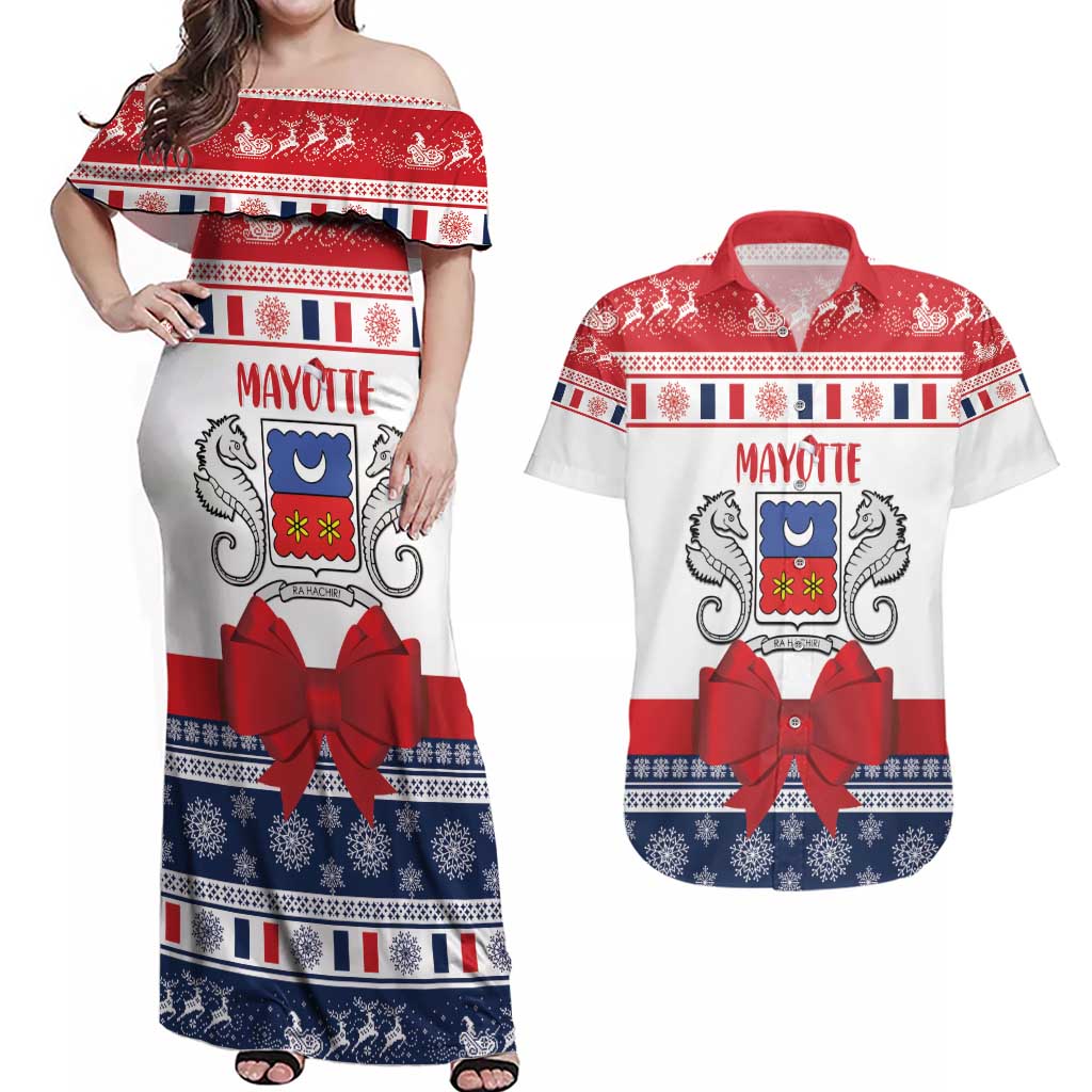 Personalized Mayotte Christmas Couples Matching Off Shoulder Maxi Dress and Hawaiian Shirt Joyeux Noel - Wonder Print Shop