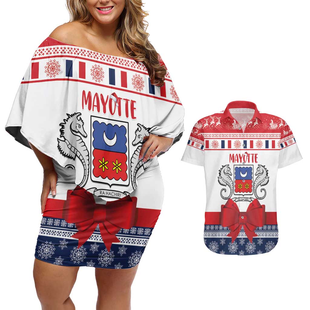 Personalized Mayotte Christmas Couples Matching Off Shoulder Short Dress and Hawaiian Shirt Joyeux Noel - Wonder Print Shop
