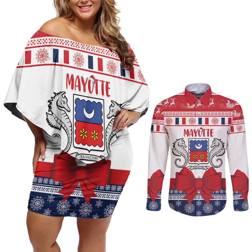 Personalized Mayotte Christmas Couples Matching Off Shoulder Short Dress and Long Sleeve Button Shirt Joyeux Noel - Wonder Print Shop