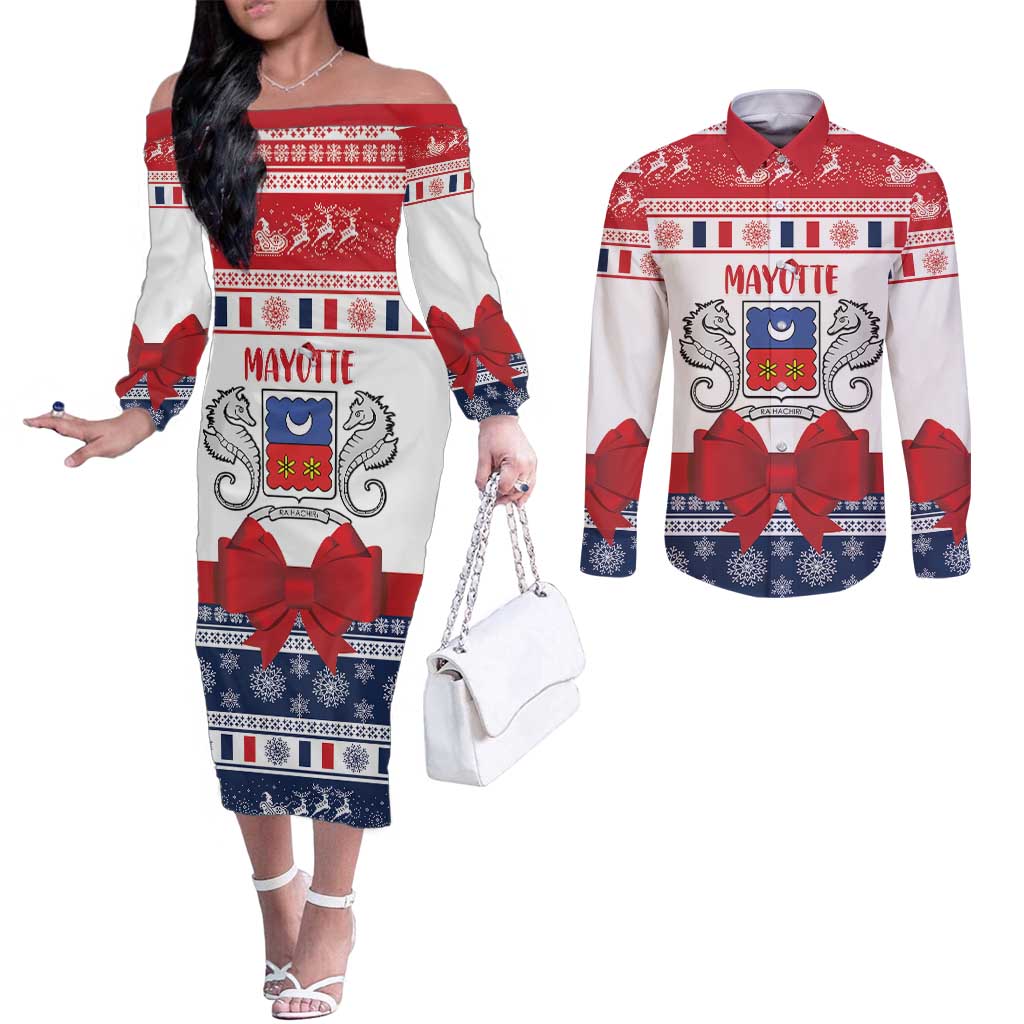 Personalized Mayotte Christmas Couples Matching Off The Shoulder Long Sleeve Dress and Long Sleeve Button Shirt Joyeux Noel - Wonder Print Shop