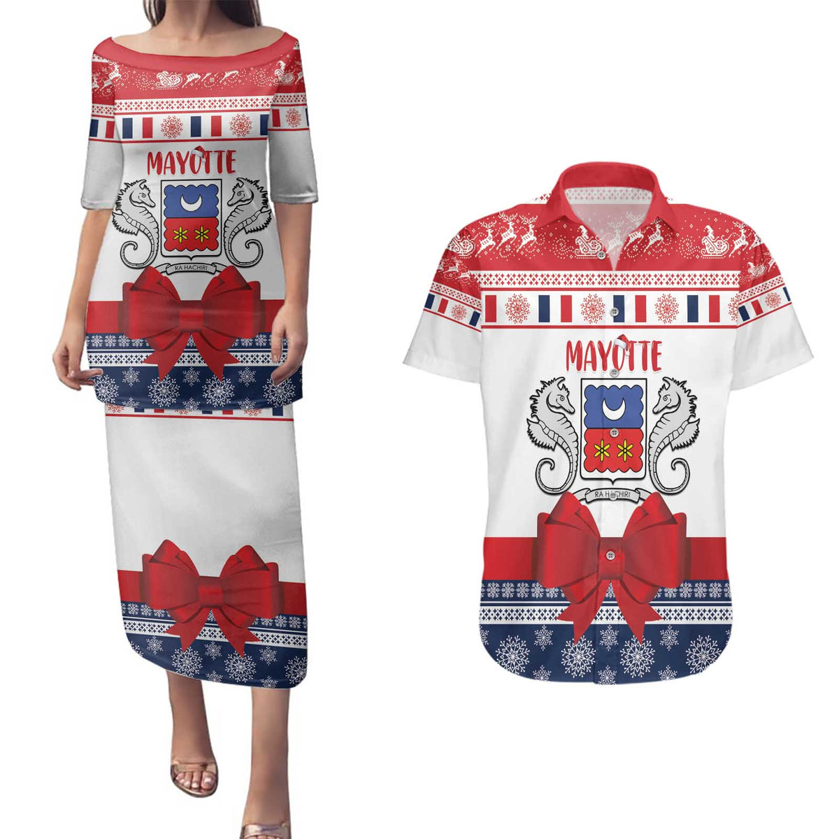Personalized Mayotte Christmas Couples Matching Puletasi and Hawaiian Shirt Joyeux Noel - Wonder Print Shop