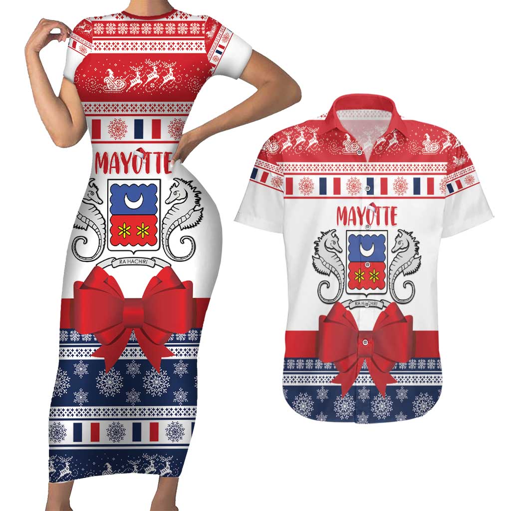 Personalized Mayotte Christmas Couples Matching Short Sleeve Bodycon Dress and Hawaiian Shirt Joyeux Noel - Wonder Print Shop
