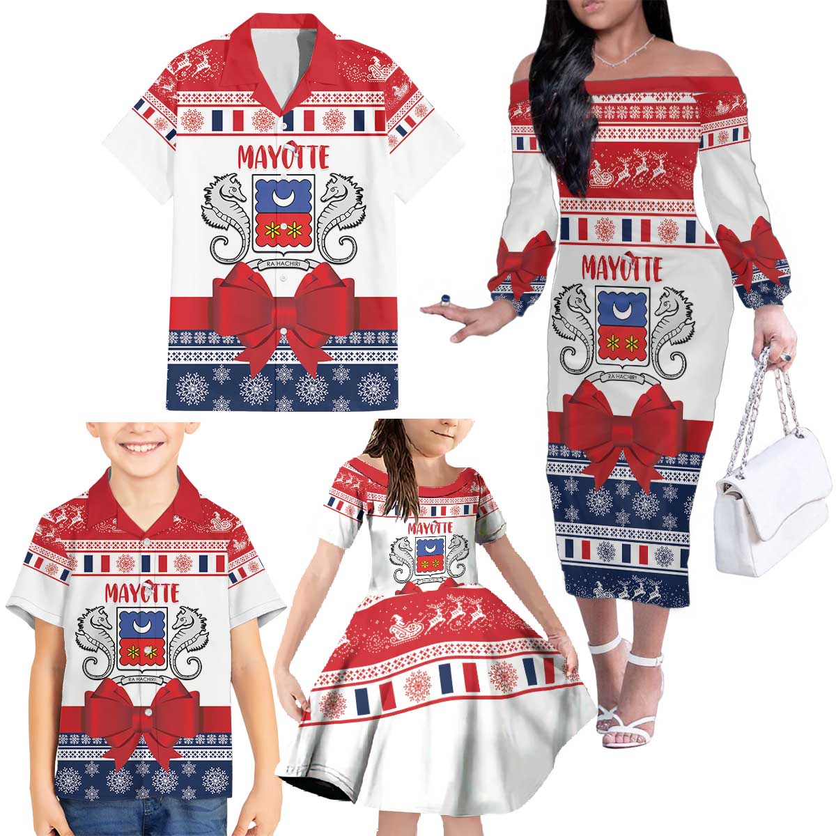Personalized Mayotte Christmas Family Matching Off The Shoulder Long Sleeve Dress and Hawaiian Shirt Joyeux Noel - Wonder Print Shop