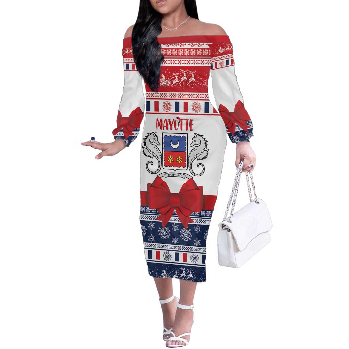 Personalized Mayotte Christmas Family Matching Off The Shoulder Long Sleeve Dress and Hawaiian Shirt Joyeux Noel - Wonder Print Shop