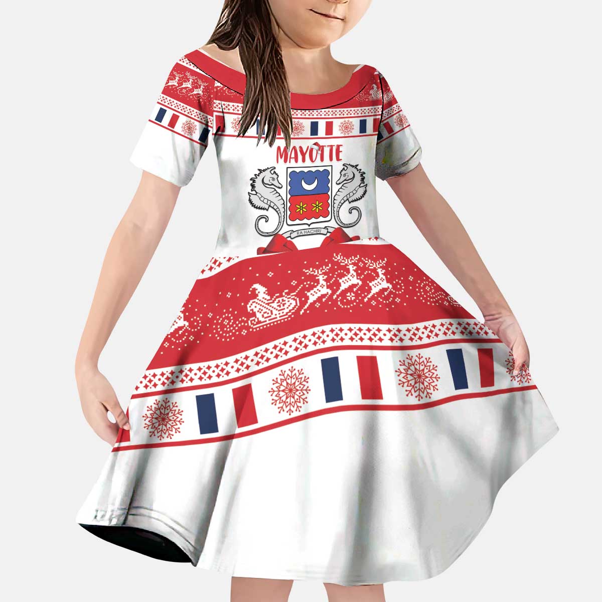 Personalized Mayotte Christmas Kid Short Sleeve Dress Joyeux Noel - Wonder Print Shop