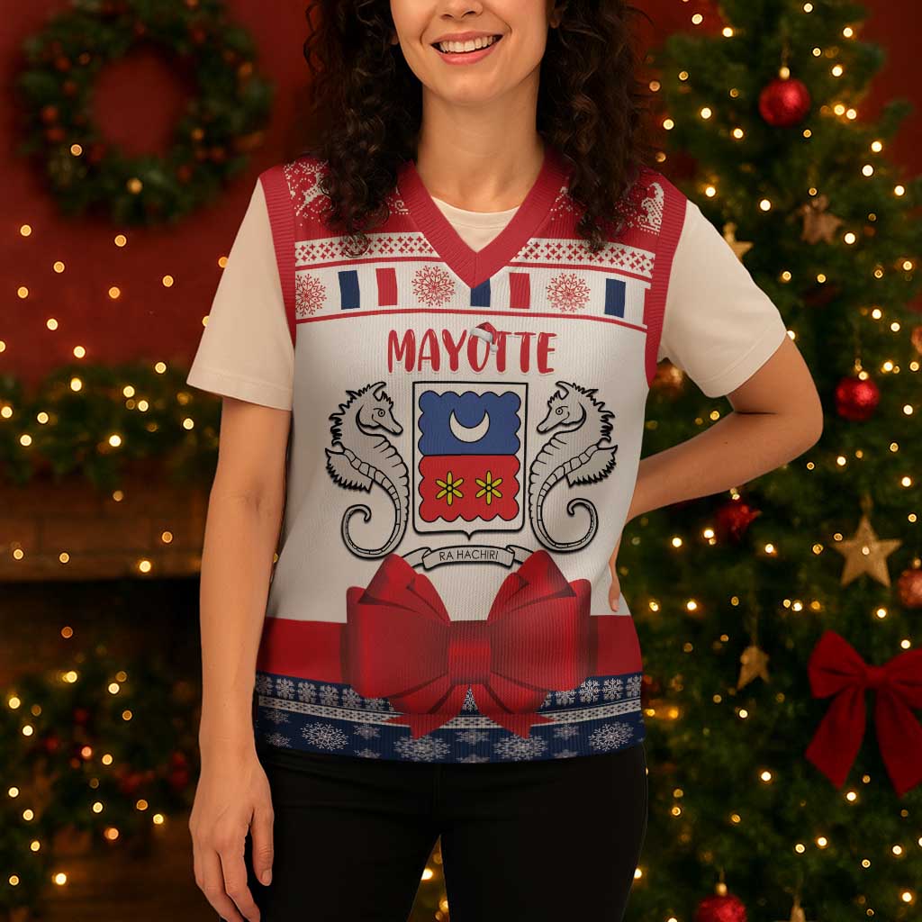 Personalized Mayotte Christmas Knitted V-Neck Vest Joyeux Noel - Wonder Print Shop