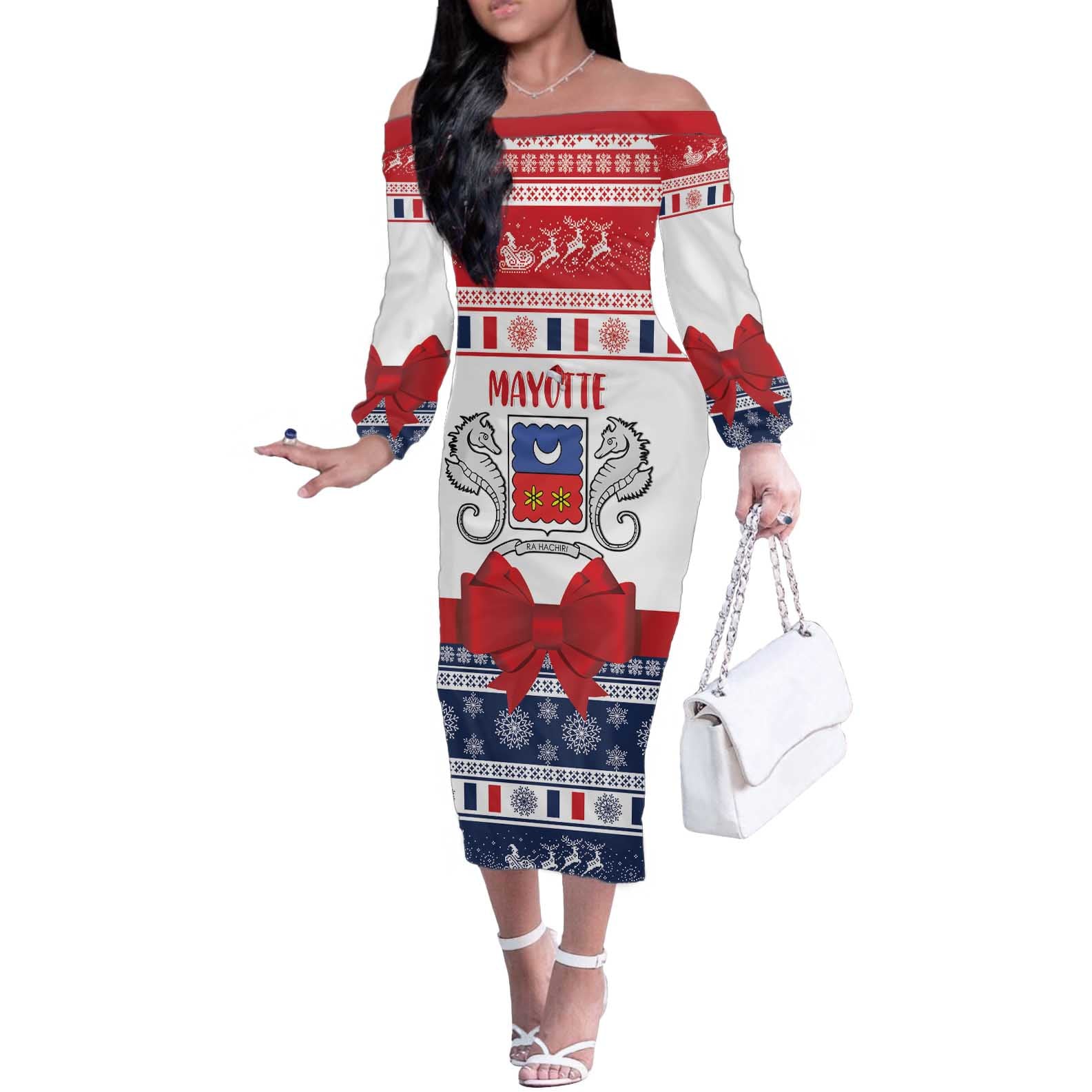 Personalized Mayotte Christmas Off The Shoulder Long Sleeve Dress Joyeux Noel - Wonder Print Shop