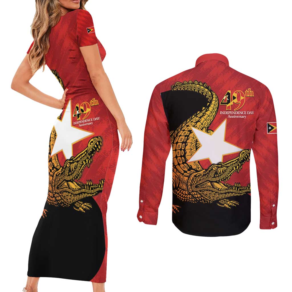 East Timor Independence Day Couples Matching Short Sleeve Bodycon Dress and Long Sleeve Button Shirt 49th Anniversary - Crocodile Curve Style - Wonder Print Shop