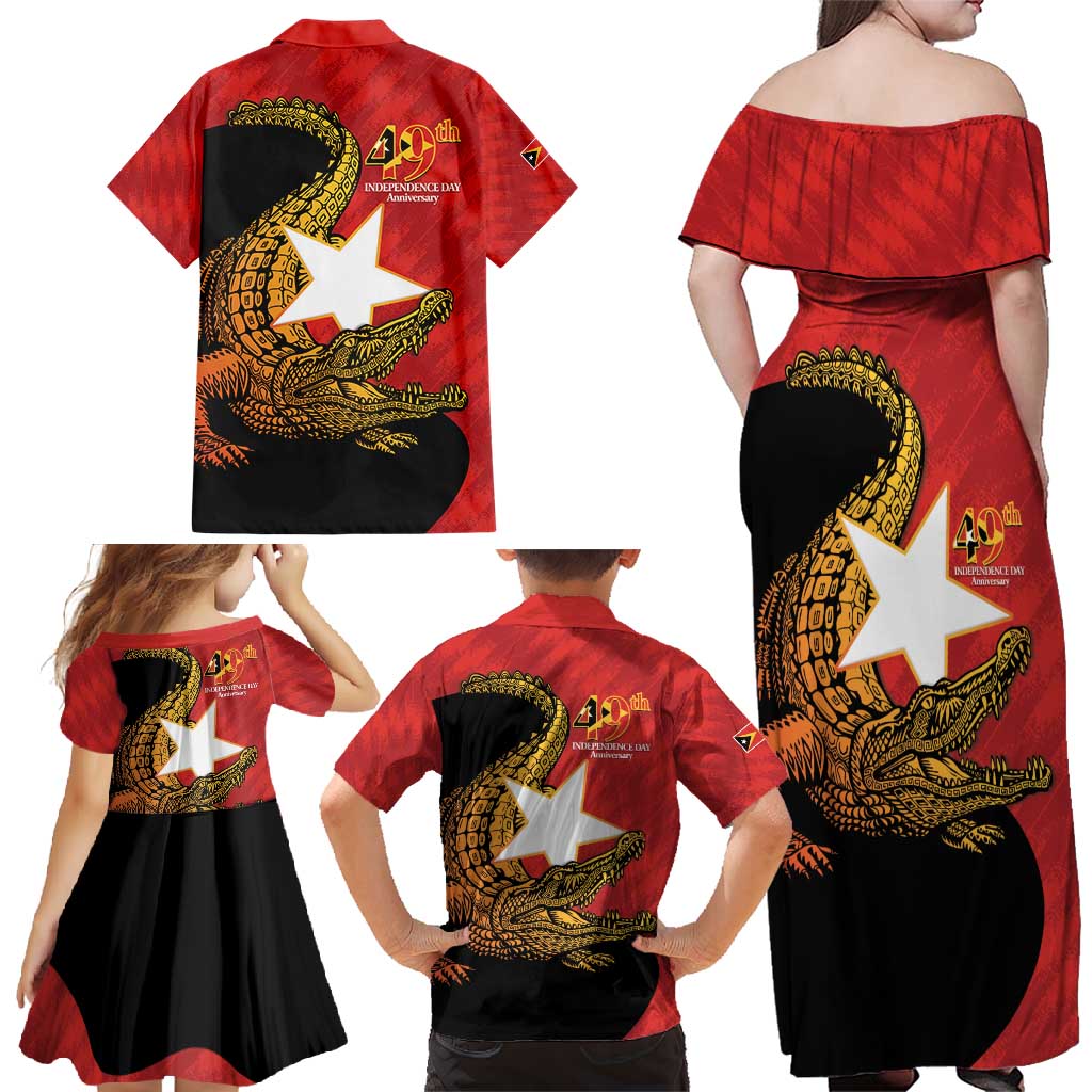 East Timor Independence Day Family Matching Off Shoulder Maxi Dress and Hawaiian Shirt 49th Anniversary - Crocodile Curve Style - Wonder Print Shop