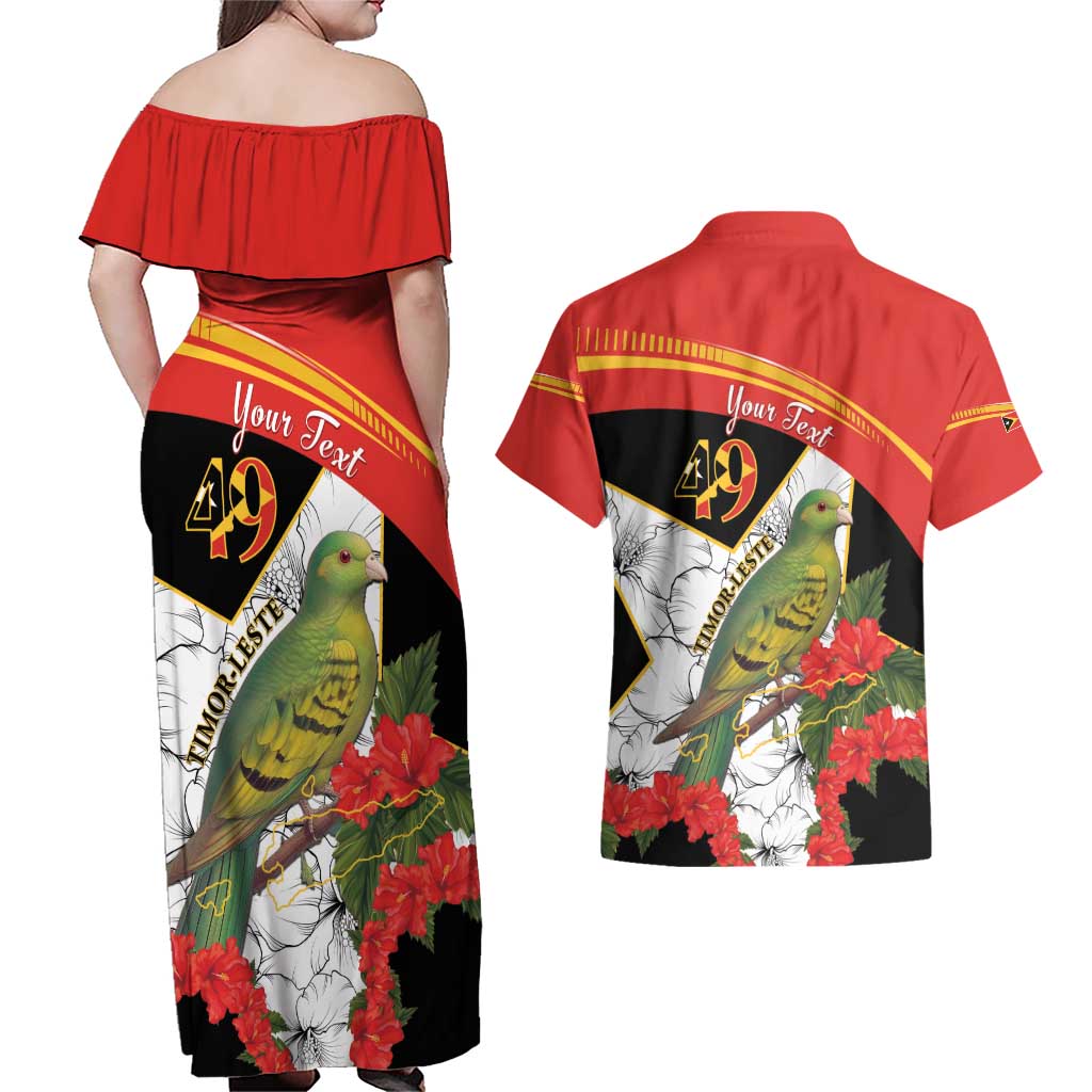 Personalised East Timor Independence Day Couples Matching Off Shoulder Maxi Dress and Hawaiian Shirt Timor Pigeon Mix Hibiscus Pattern - Wonder Print Shop