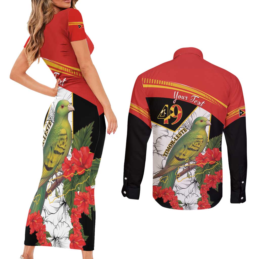 Personalised East Timor Independence Day Couples Matching Short Sleeve Bodycon Dress and Long Sleeve Button Shirt Timor Pigeon Mix Hibiscus Pattern - Wonder Print Shop