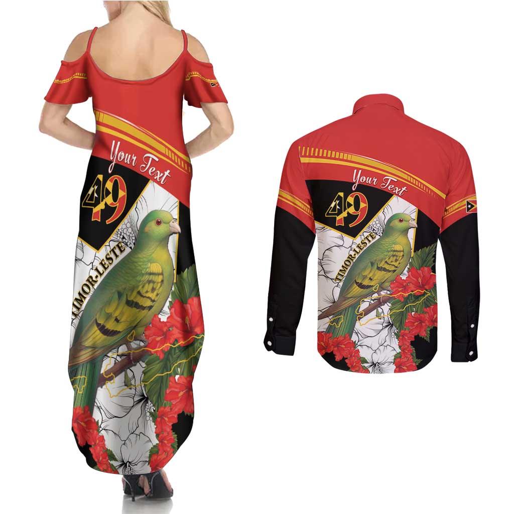 Personalised East Timor Independence Day Couples Matching Summer Maxi Dress and Long Sleeve Button Shirt Timor Pigeon Mix Hibiscus Pattern - Wonder Print Shop