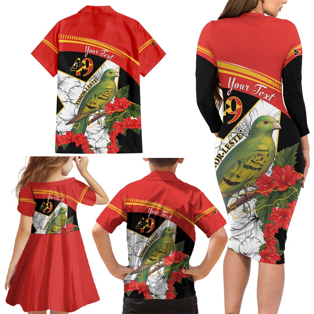Personalised East Timor Independence Day Family Matching Long Sleeve Bodycon Dress and Hawaiian Shirt Timor Pigeon Mix Hibiscus Pattern - Wonder Print Shop