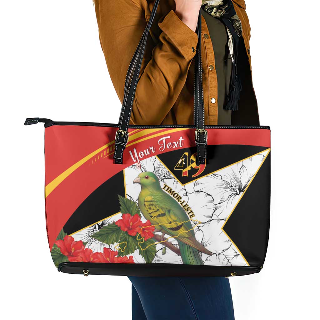 Personalised East Timor Independence Day Leather Tote Bag Timor Pigeon Mix Hibiscus Pattern - Wonder Print Shop