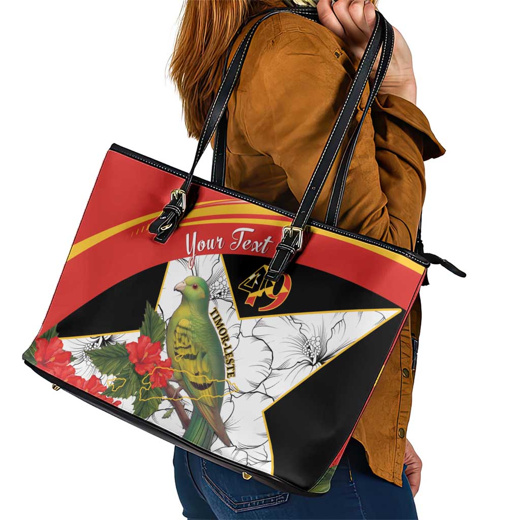 Personalised East Timor Independence Day Leather Tote Bag Timor Pigeon Mix Hibiscus Pattern - Wonder Print Shop