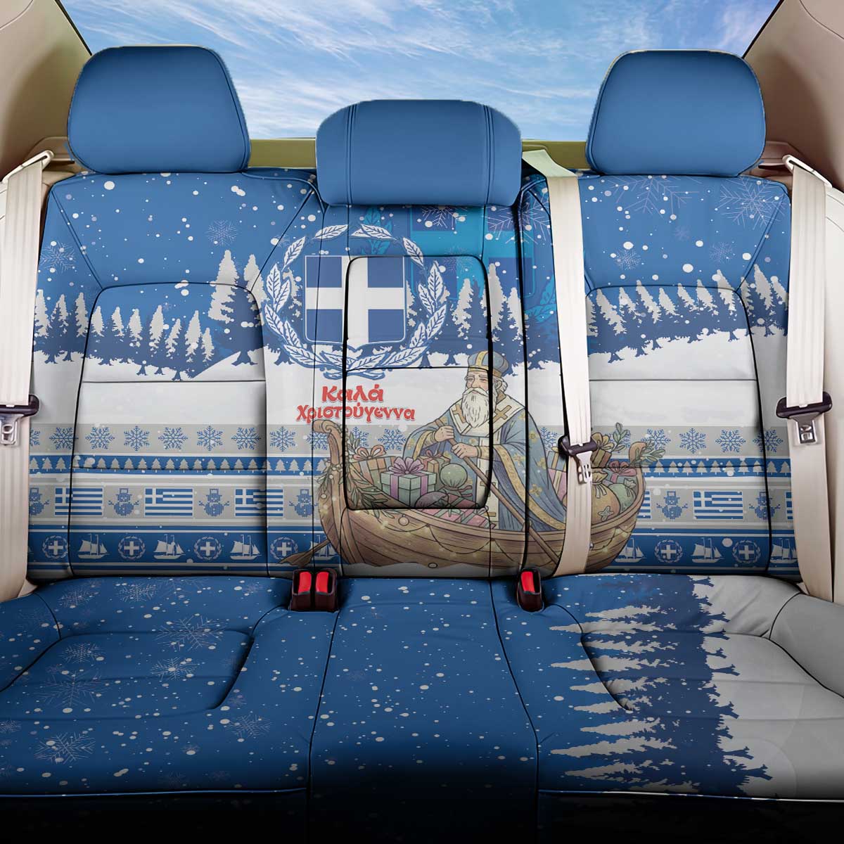 Greece Christmas Back Car Seat Cover Saint Basil Kala Cristouyenna - Wonder Print Shop