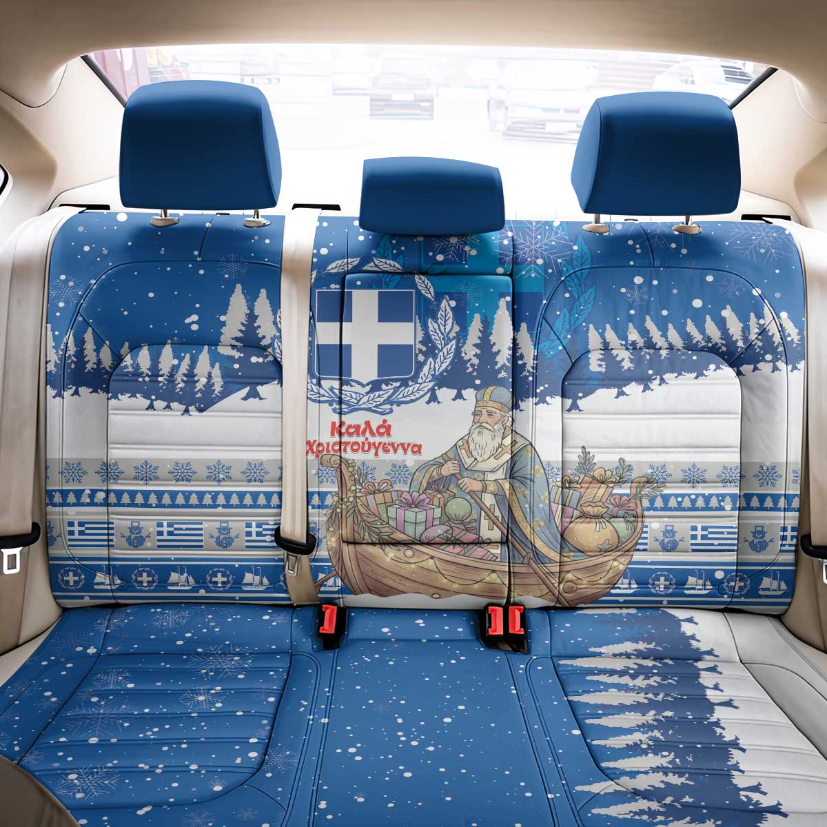 Greece Christmas Back Car Seat Cover Saint Basil Kala Cristouyenna - Wonder Print Shop