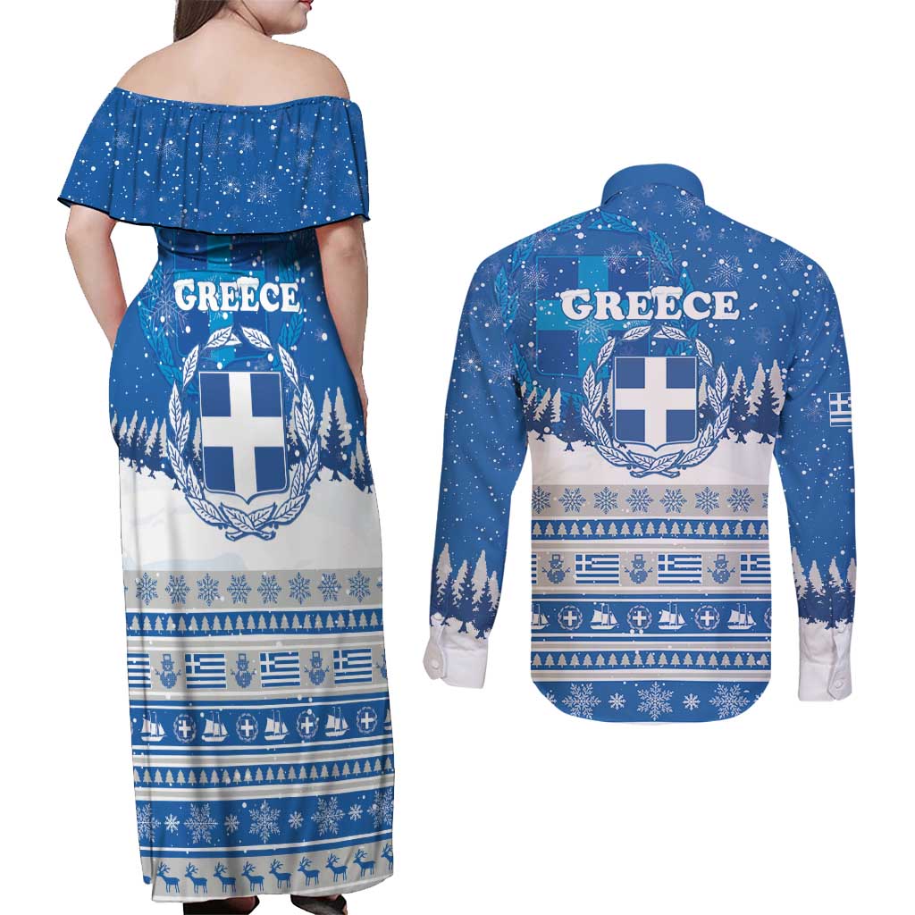 Greece Christmas Couples Matching Off Shoulder Maxi Dress and Long Sleeve Button Shirt Saint Basil Kala Cristouyenna - Wonder Print Shop