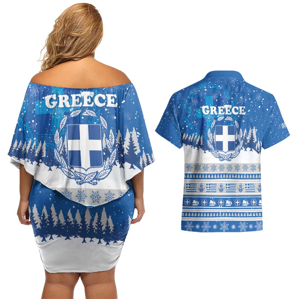 Greece Christmas Couples Matching Off Shoulder Short Dress and Hawaiian Shirt Saint Basil Kala Cristouyenna - Wonder Print Shop