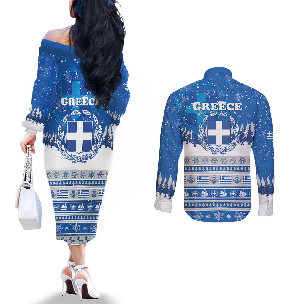 Greece Christmas Couples Matching Off The Shoulder Long Sleeve Dress and Long Sleeve Button Shirt Saint Basil Kala Cristouyenna - Wonder Print Shop